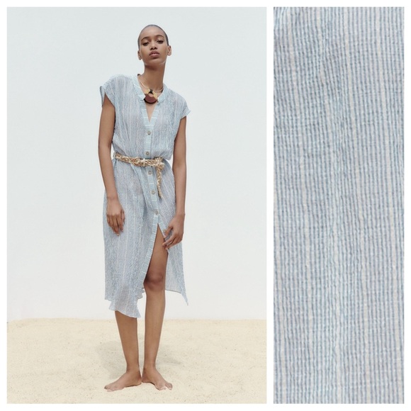 Zara Dresses & Skirts - NWT. Zara Blue/White Stripped Belted Midi Shirt Dress. Size S.
